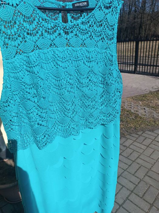 Wizytowa turkusowa z koronką sukienka rozm 48