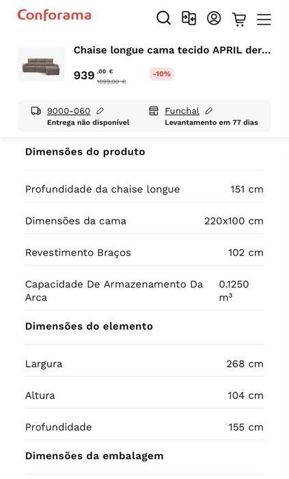Chaise Longue APRIL 4 Lugares Vison – Muito Bom Estado