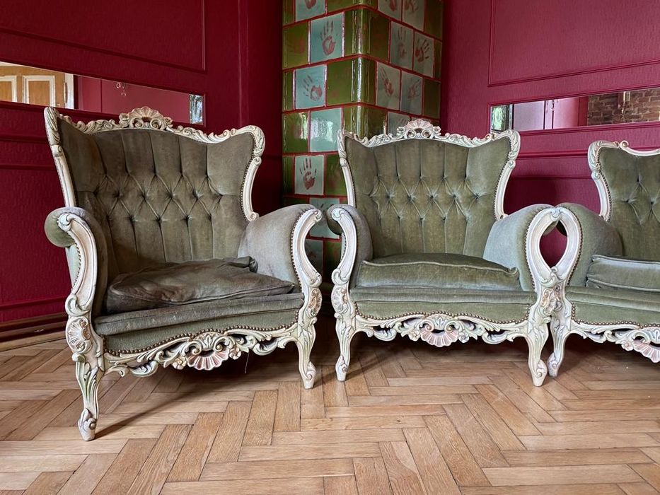 Komplet ecru ludwikowski zielony stylowy sofa Ludwik