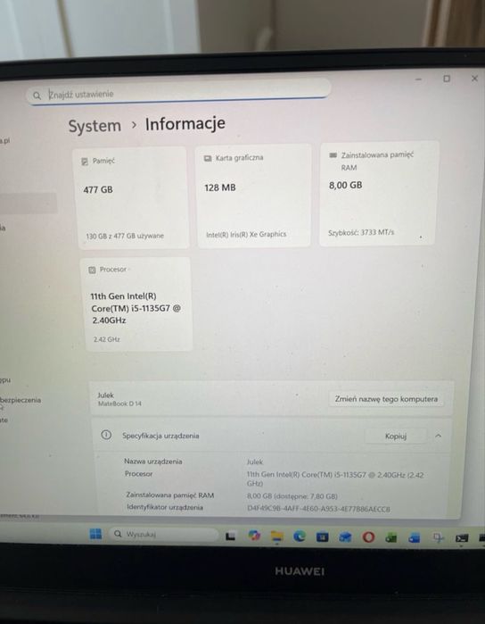 Huawei MateBook D 14 i5 / 8 GB / 512 GB SSD / Windows 11 – stan idealny