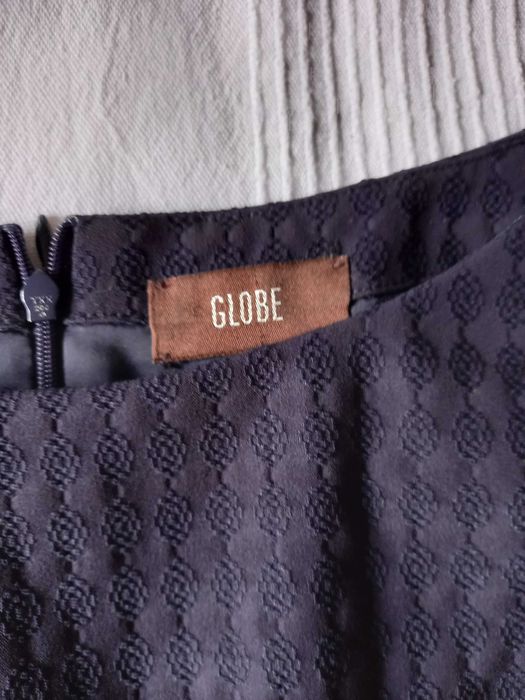 Vestido azul marinho com motivos, Globe, Tam 34