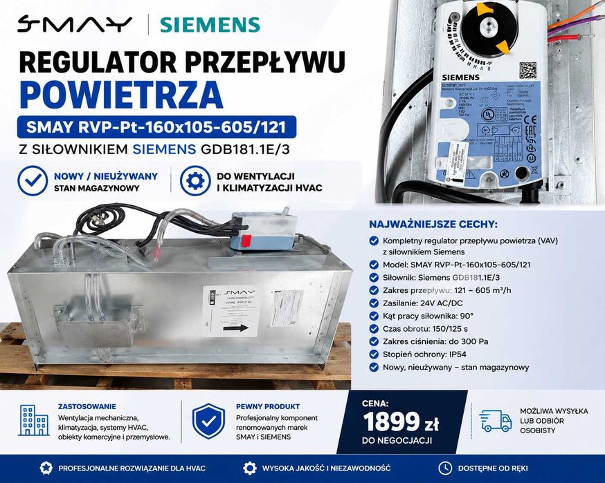 REGULATOR PRZEPŁYWU POWIETRZA SMAY RVP-Pt-160x105-605/121 + SIEMENS GDB181.1E/3 PRZEPUSTNICA