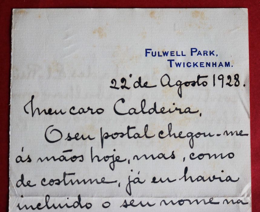 Fulwell Park, Twickenham, casa Rei D Manuel II carta do secretário