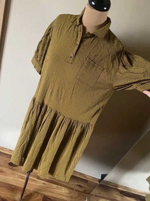 Xxxl 44 46 +size sukienka khaki jasne wzory oversize midi falbany