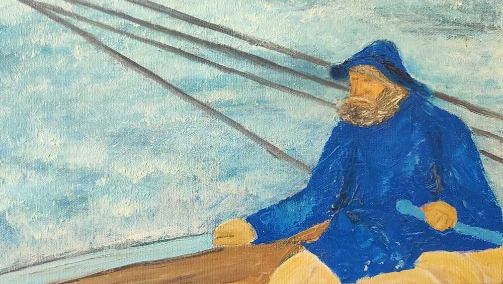 Marinheiro solitário em barco - Pintura a óleo sobre tela - Quadro