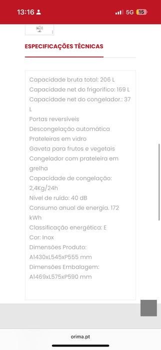 Frigorifico 2 portas Orima - 206L