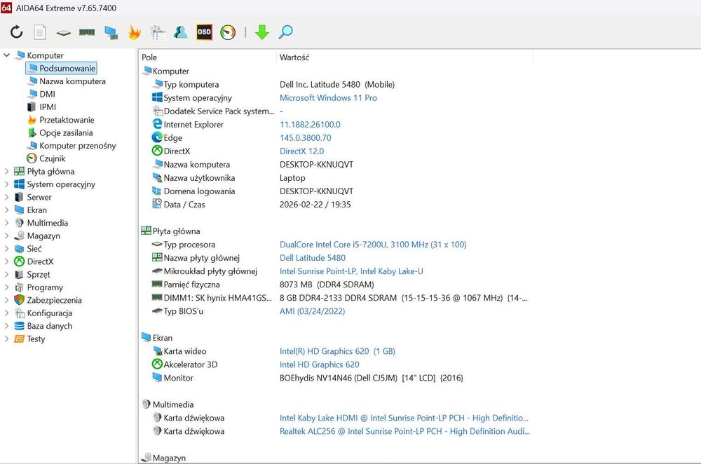 Dell Latitude 5480 / i5-7200U / 8GB DDR4/ SSD NVMe / Win11 Pro