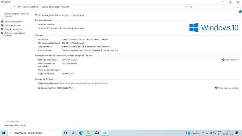 Portátil Hp Laptop 15s-fq1075ns 8Gb RAM 256Gb SSD Processador i3