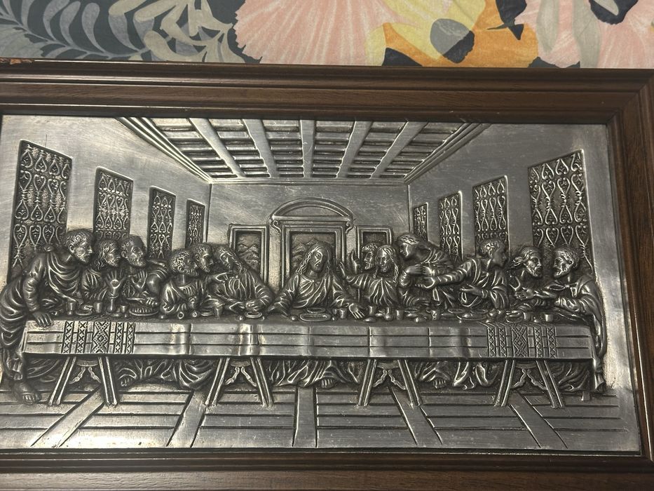 Quadro da Última Ceia em Estanho com Moldura de Madeira