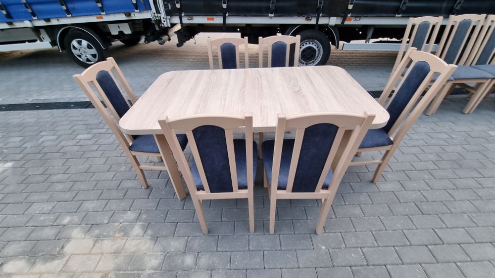 Nowe: Stół 80x140/180 + 6 krzeseł, sonoma + mateliczny granat, transPL