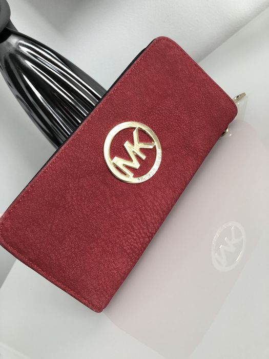 Portfel damski Michael Kors – bordowy, złote logo, duży
