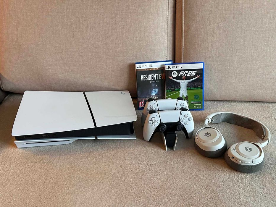 Przegrane TYLKO 100 godzin + Z GWARANCJĄ | Konsola PlayStation 5 Slim 1TB z napędem + kontrolery DualSense + stacja ładująca + SŁUCHAWKI GRATIS
