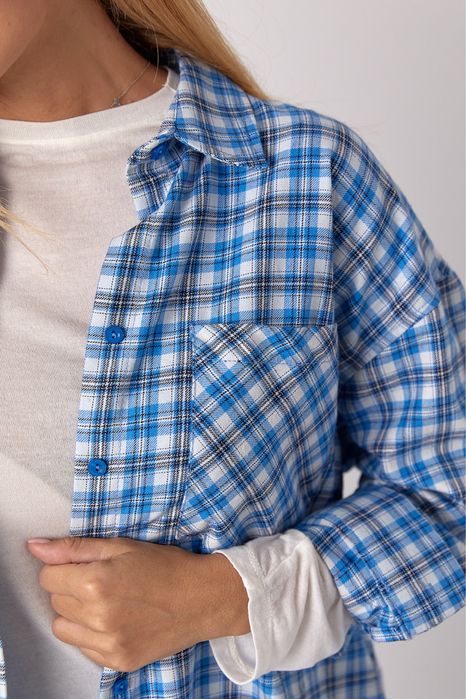 Блакитна сорочка в мілку клітинку, картата сорочка, рубашка в клетку