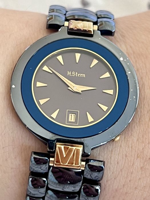 Relogio H Stern feminino, safira, ouro, pulseira titaneo, 1993 c/fat