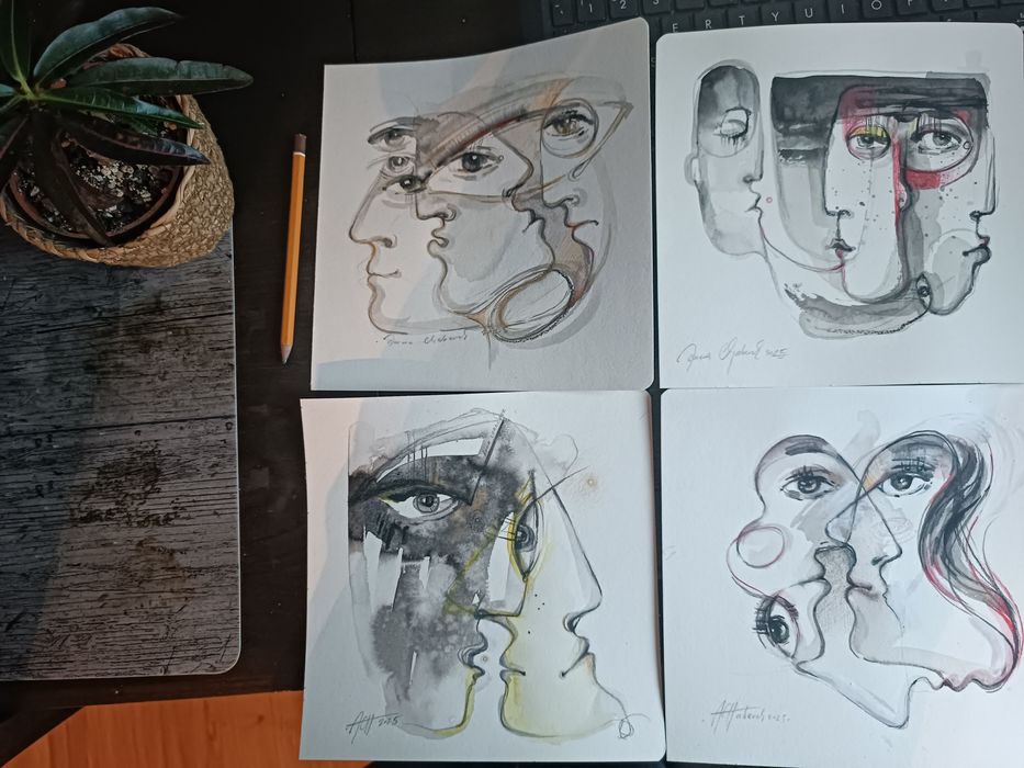 He and She akwarela szkic rysunek tuszem oryginał kwadrat chaber art