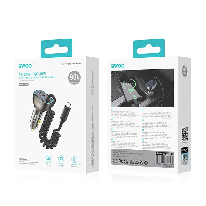 BWOO ładowarka samochodowa PD CC96C 1x USB-C 1x USB 30W z kabelem USB-