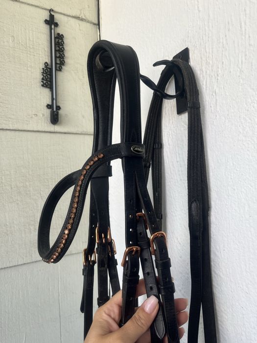 Anatomiczne ogłowie Loesdau Rosegold + wodze + wędzidło COB
