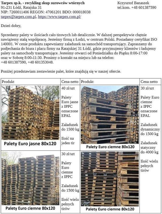 Palety plastikowe 110x110 20 zł/szt netto