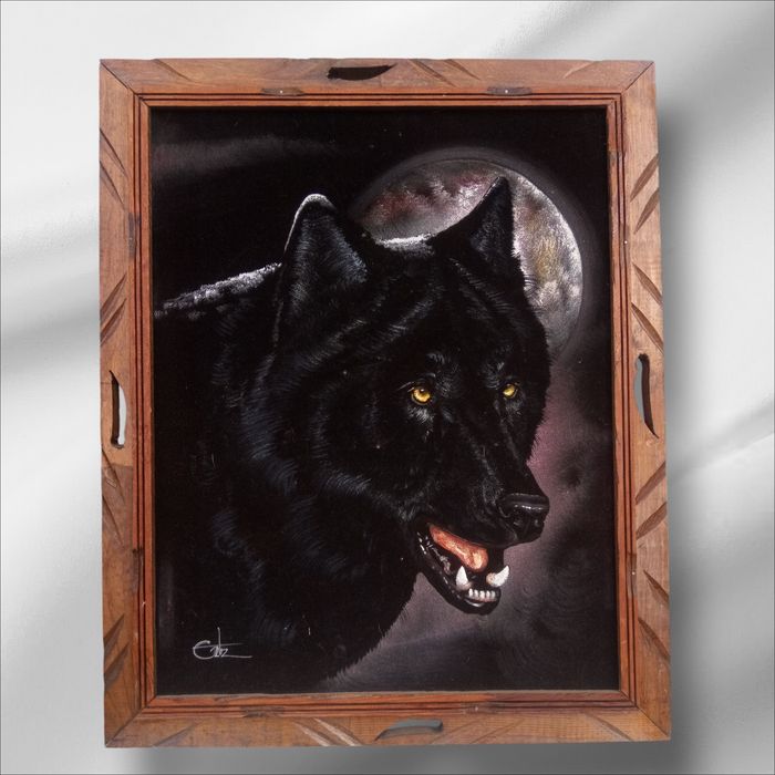 Шикарная , винтажная ,  картина Дэвида Ортиса "Черный волк "бархатный