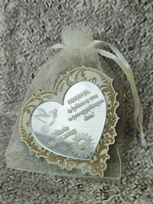 Podziękowanie dla gości Pierwsza Komunia serce ażur plexi magnes