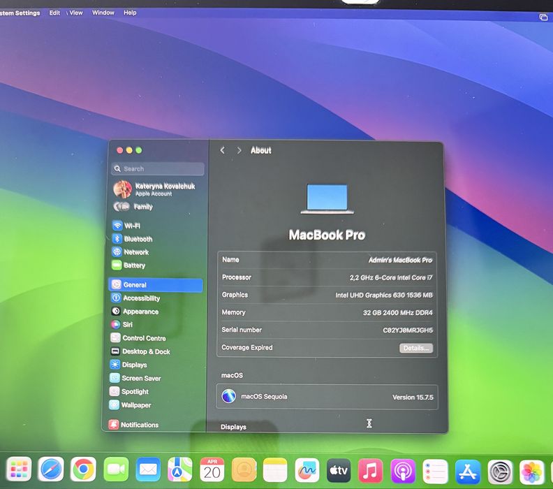 MacBook pro 2018 діагональ 15, I7, 32/256gb