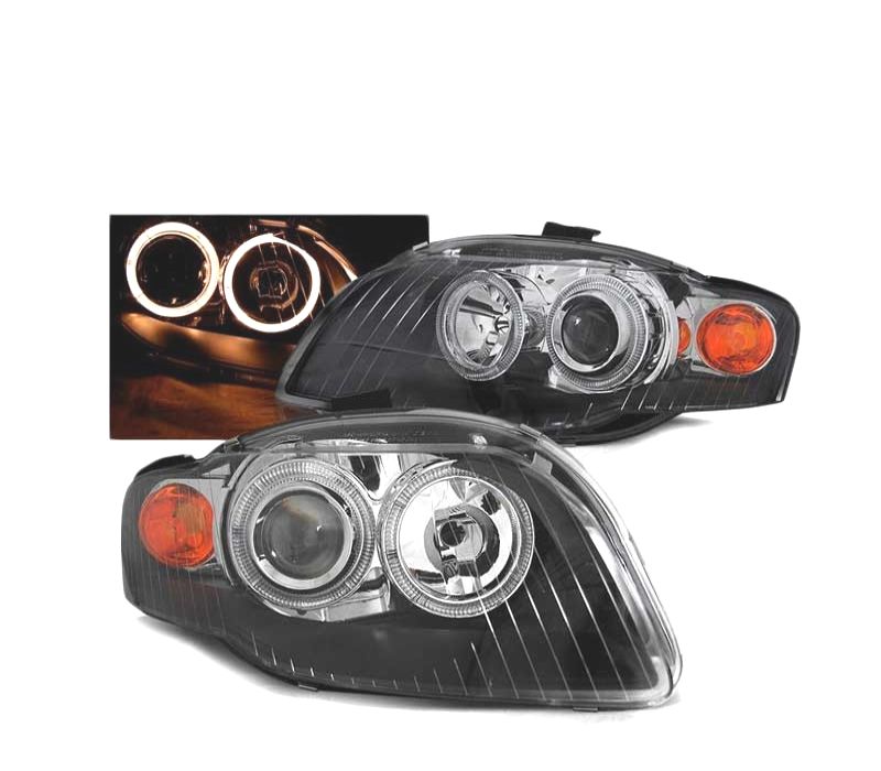 FARÓIS FRONTAIS ANGEL EYES AUDI A4 B7 04-08 PRETO