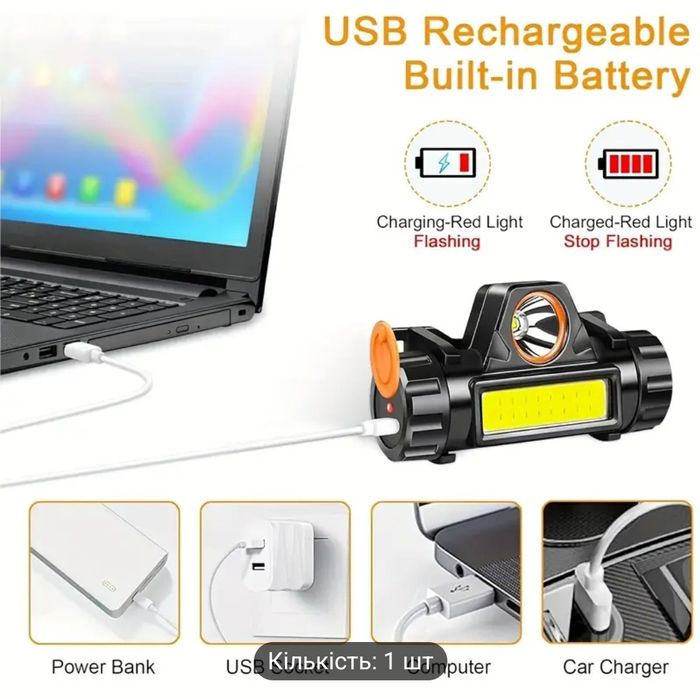 Налобний ліхтар акумуляторний LED