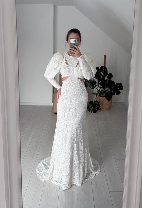 Asos koronkowa suknia ślubna xs rybka bufki