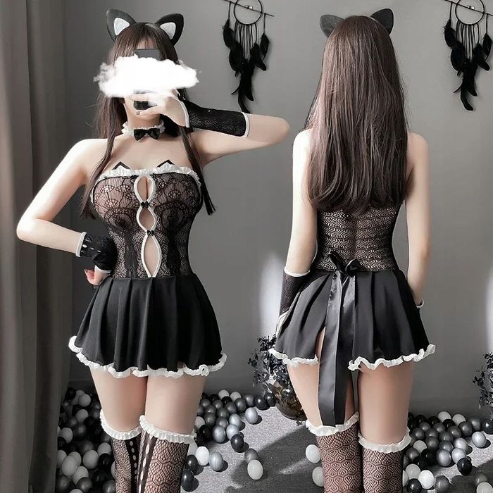 Kostium pokojówka sexy kot przebranie strój kocica S/36 ZESTAW 5 ELEM.