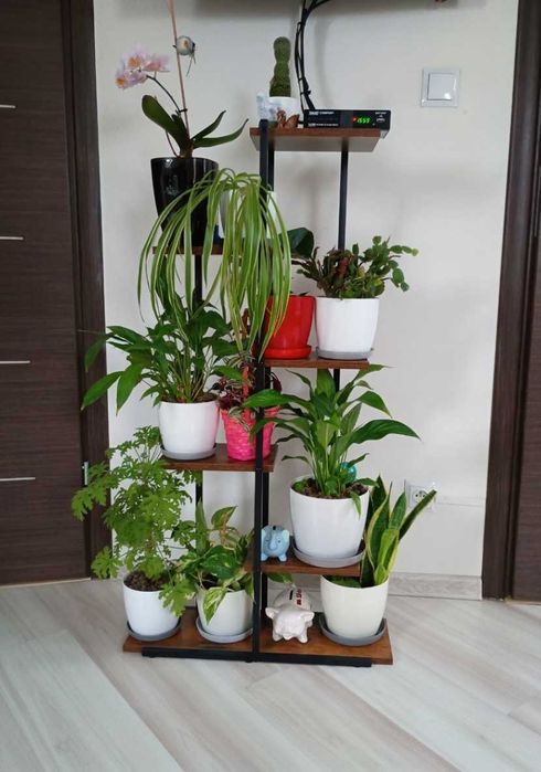 Kwietnik metalowy stojący loft półka na kwiaty stojak dąb rustykalny wysoki wielopoziomowy