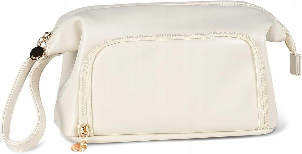 Abiudeng kosmetyczka podróżna – duża, wodoodporna, PU, przegrody, beż