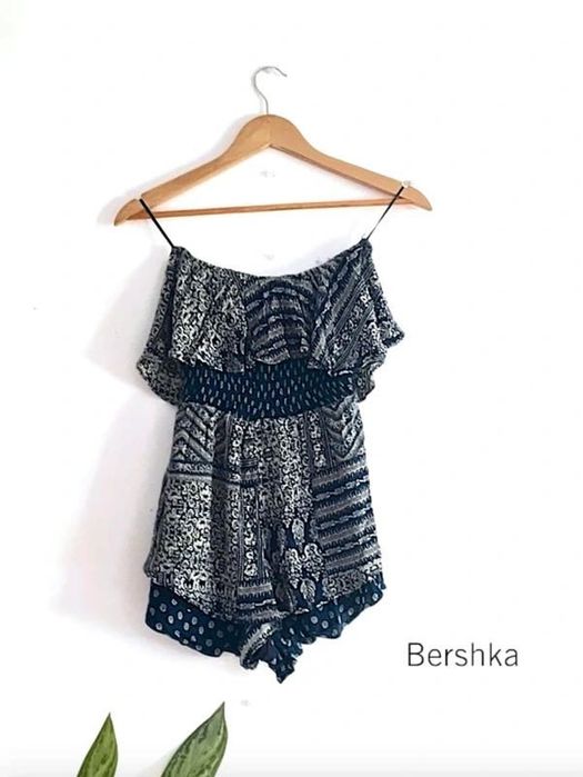 Macacão Calção Bershka Boho XS Azul & Branco
