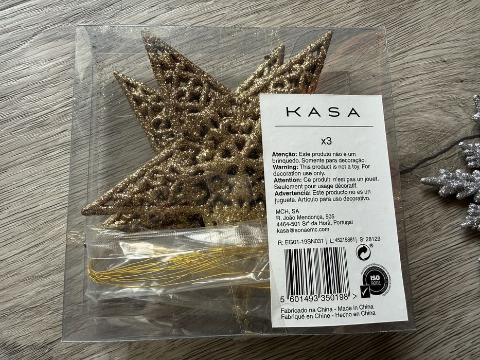 Conjunto 3 estrelas douradas e 1 floco neve prateado purpurina