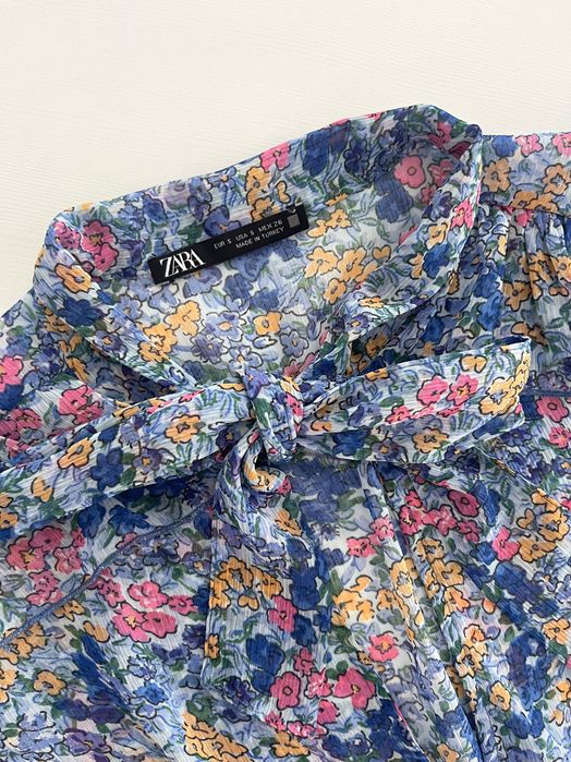 Koszula Zara S / 36 błękitna kwiatki kokarda falbanki wiosna boho
