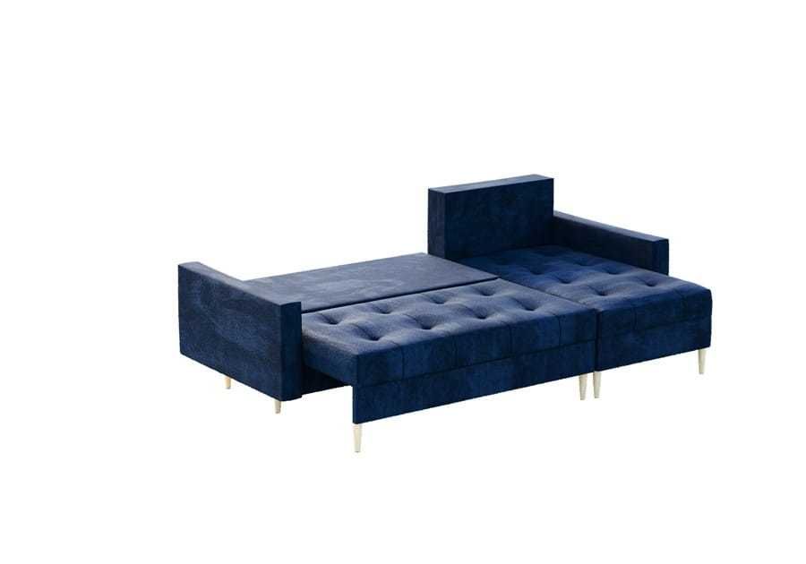 Narożnik na drewnianych nóżkach granatowy z funkcją spania