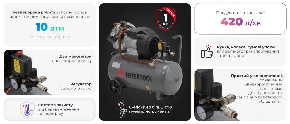 Компрессор 50 л, 3 кВт, 10 атм, 420 л/мин, 2 ци INTERTOOL PT-0007.
