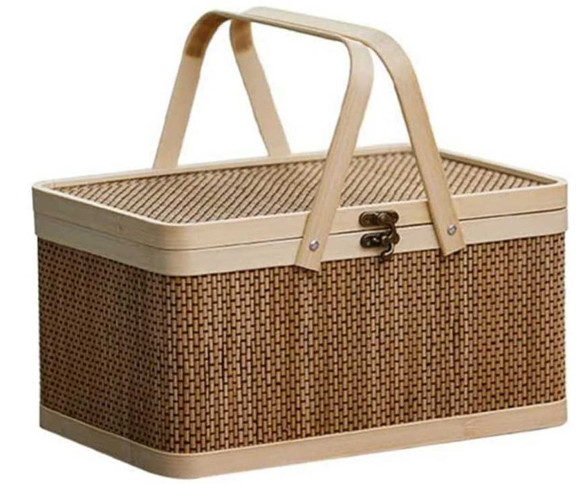 Bambusowy, duży koszyk piknikowy ze składaną pokrywą