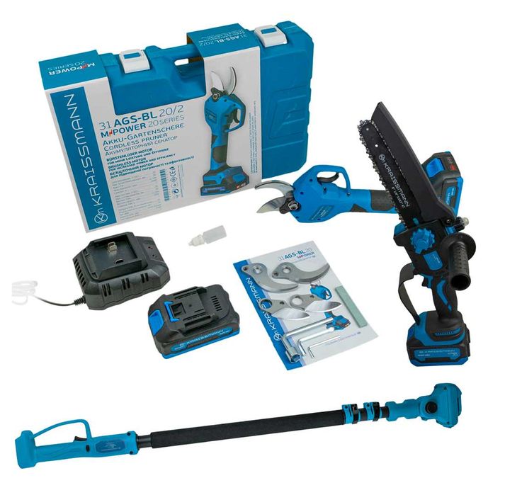 Подовжувач (2 та 2,5 м), міні пила, секатор та акумулятори KRAISSMANN