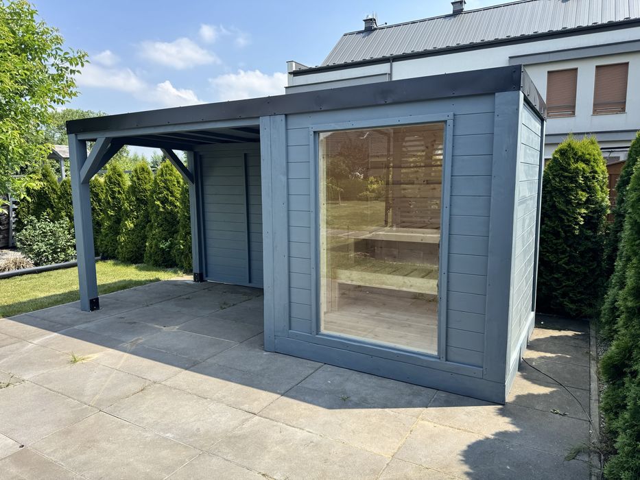Sauna ogrodowa elektryczna piec Harvia sauna z zadaszeniem balia jacuzzi