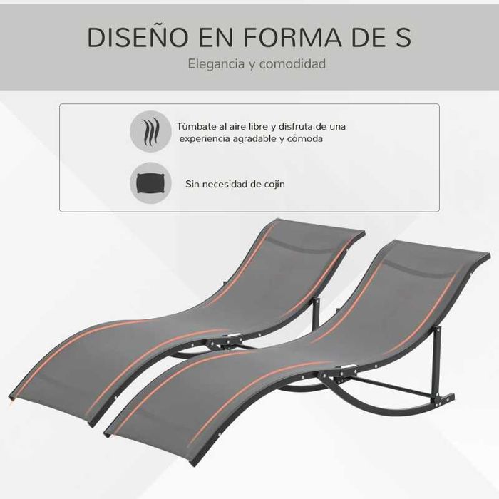 2 espreguiçadeiras ergonómicas dobráveis em forma de S - Cinzento
