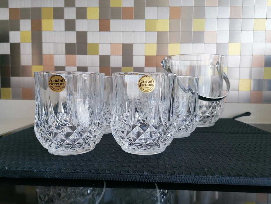 Conjunto de 6 copos de whiskey e balde do gelo cristal d'arques