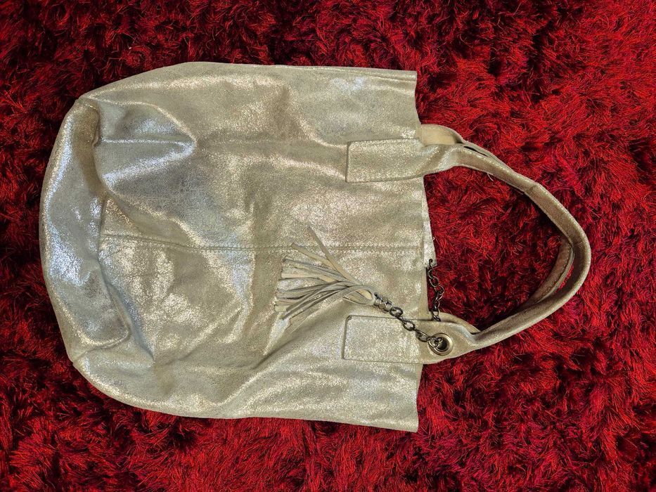 Torba skórzana torebka srebrna typu worek