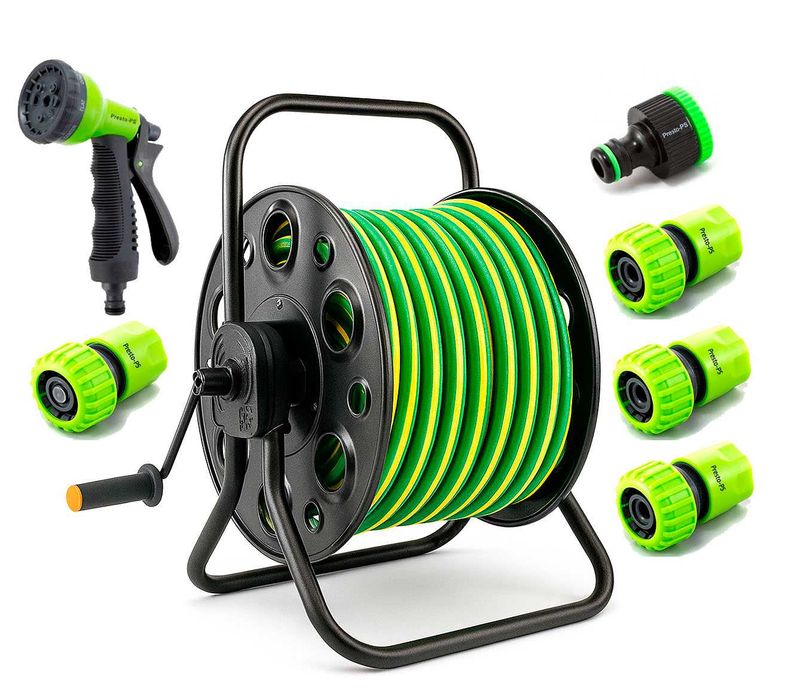 Премиум комплект для полива: 50м шланг (5 слоев) + металл. катушка.