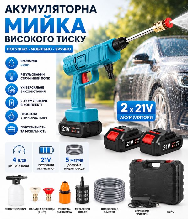 Аккумуляторная мойка высокого давления 21V с двумя аккумуляторами