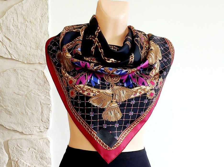 Elegancka Wielka Wzorzysta Apaszka Naturalny Jedwab 100% SILK