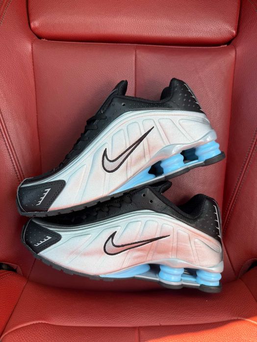 (БЕЗ ПЕРЕДОПЛАТИ) Nike Shox R4 Grey Blue White найк шокс сірі сріблясті блакитні пружини кросівки
