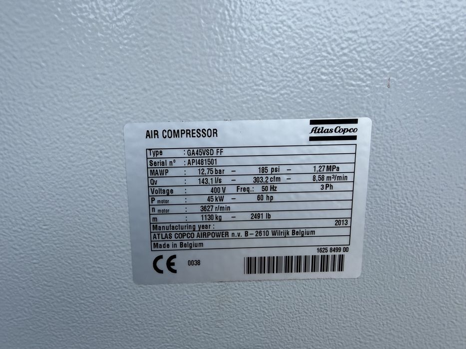 Kompresor śrubowy Atlas Copco GA45 VSD FF 45KW 8.58m/3min falownik