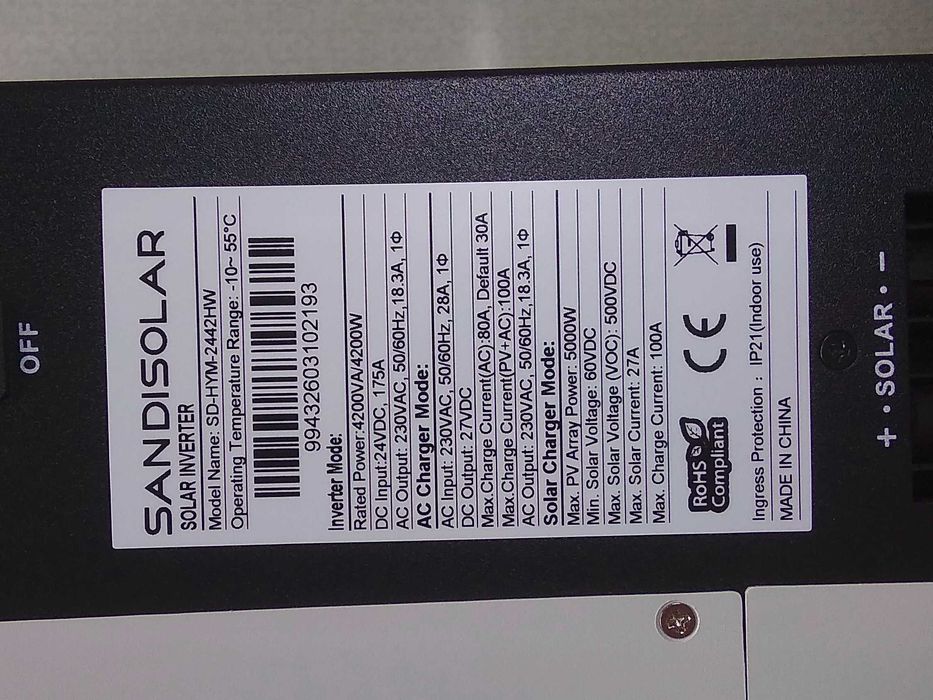 Гібридний інвертор Sandisolar 4.2kW 24V із WiFi. Dual output, заряд 80A/100А, до 5000W 27A сонячних панелей