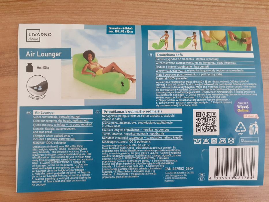 Sofa dmuchana, lazy bag zielona, sofa nadmuchiwana...