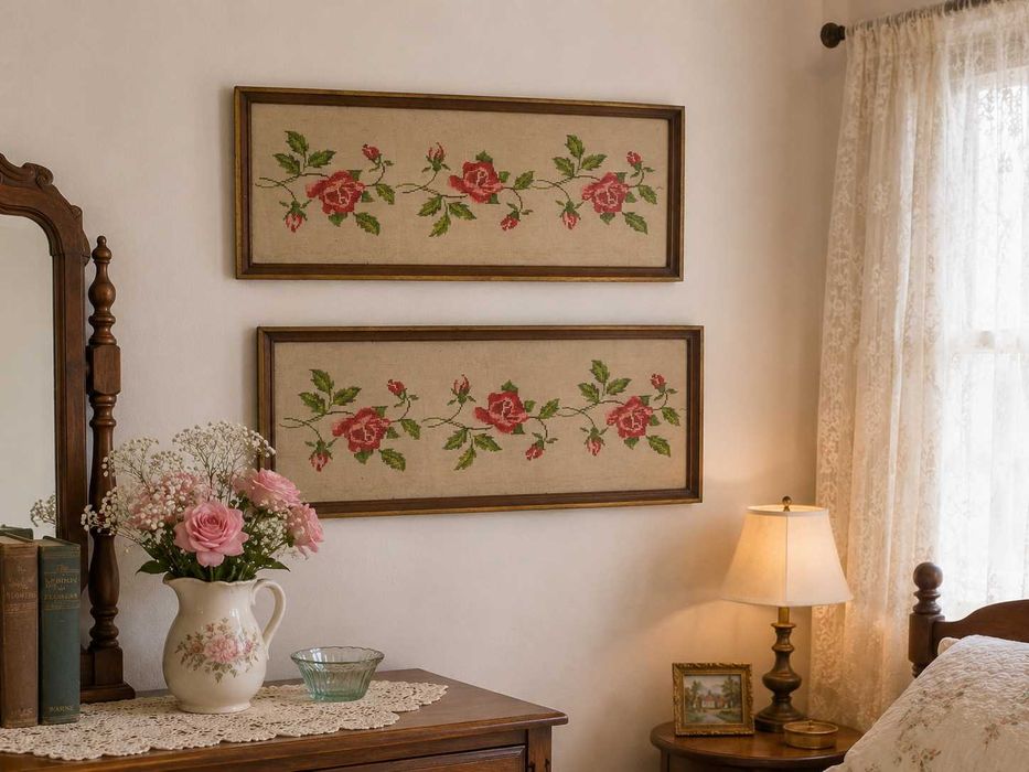 quadro bordado a ponto cruz antigo